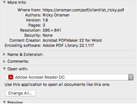 Screenshot of macOS settings telling Safari to opne a PDF in Acrobat.