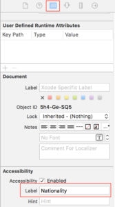 A screenshot from the Identity Inspector in Xcode showing the text Nationality added to the Label field