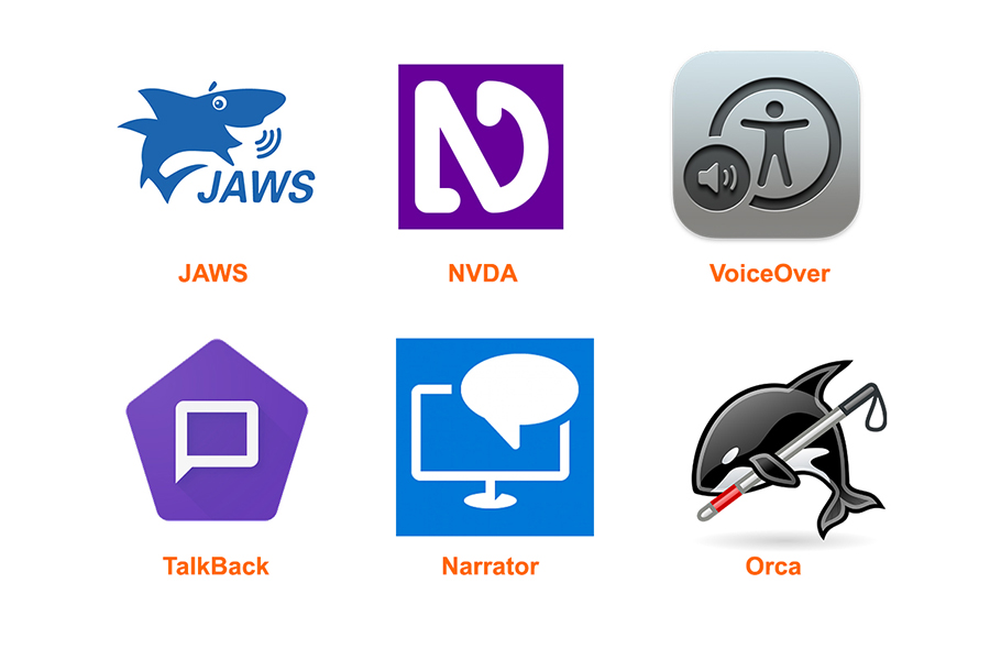 Logos of JAWS, NVDA, VoiceOver, TalkBack, Narrator, and Orca screen readers