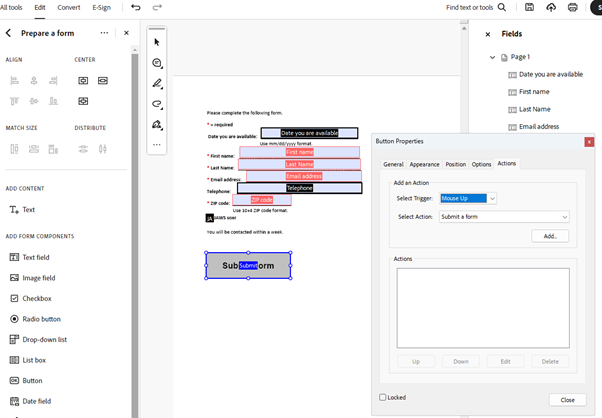 The Button Properties dialog open for a submit button with Actions options highlighted.
