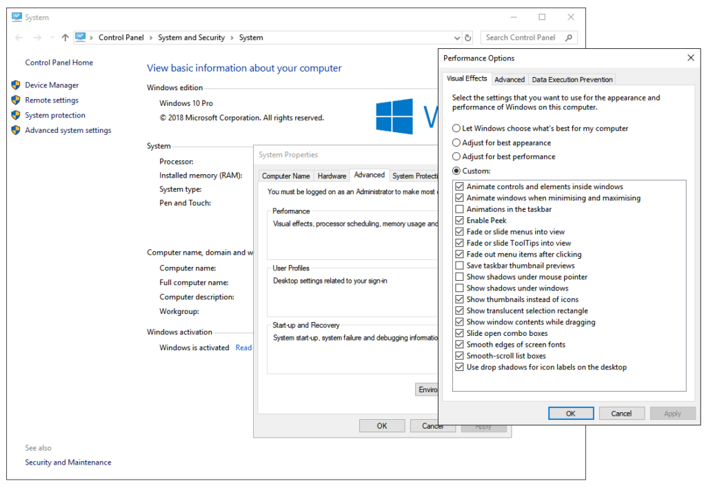 The 'Performance Options' dialog with the various 'Visual Effects' options (with the Control Panel > System and Security > System' and 'System Properties > Advanced' dialogs in the background)