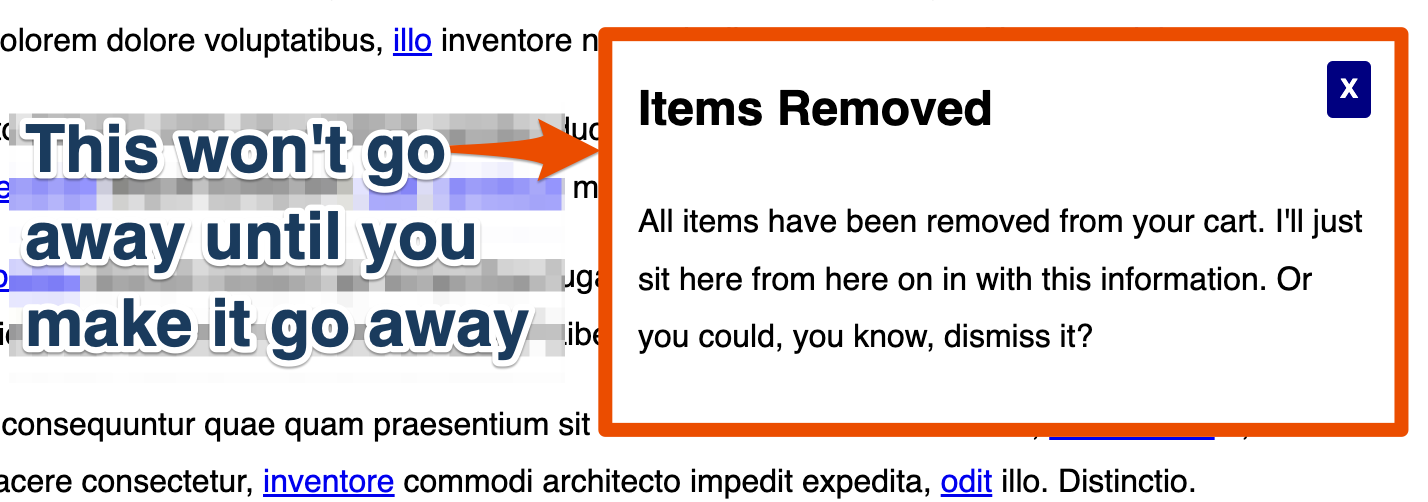The 'toast' displayed is highlighted, and alongside it: 'This won;t go away until you make it go away'