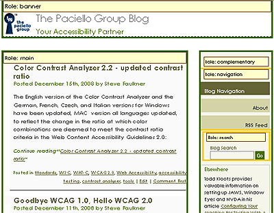 TPGi blog page with banner, main, complementary, search and navigation landmark role usage visualised.
