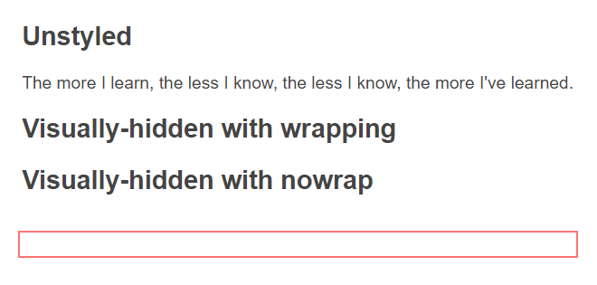 The same basic screenshot, except the red border is just the outline of an empty box in the whitespace after the third heading. This box has the height of a single line of text and extends the full width of the page.