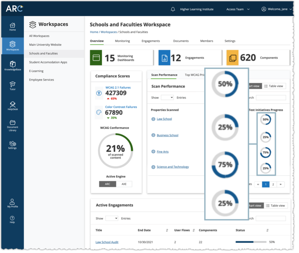 workspace for a hotel group showing various accessibility scores and data about the website