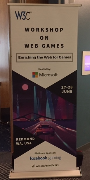 Banner display from a W3C event welcoming attendees to a Workshop on Web Games