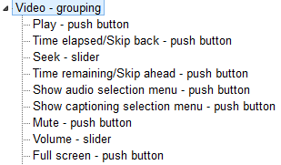 The control container has a role=grouping, the play skip back, skip forward, full screen and mute controls are role=button, the seek and volume controls are role=slider