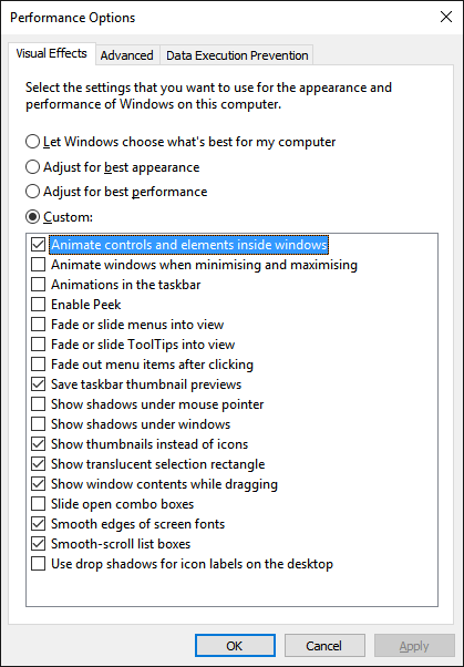 The 'Performance Options' dialog, with the 'Visual Effects' tab visible - 'Animate controls and elements inside windows' is checked and highlighted, while other options such as 'Animate windows when minimising and maximising' and 'Slide open combo boxes' are all unchecked