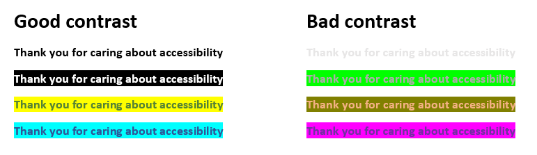 4 lines that read 'Thank you for caring about accessibility' with good contrast levels in column 1, the same 4 lines with poor contrast in column 2