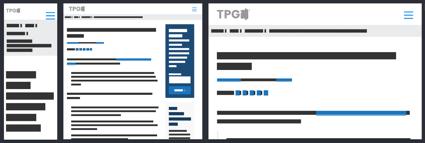 Three obfuscated layouts of the TPGi blog showing the difference in mobile, tablet and desktop layouts