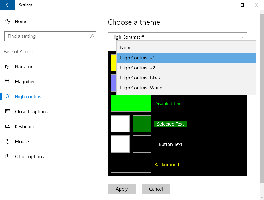 Windows 10 High Contrast dialog