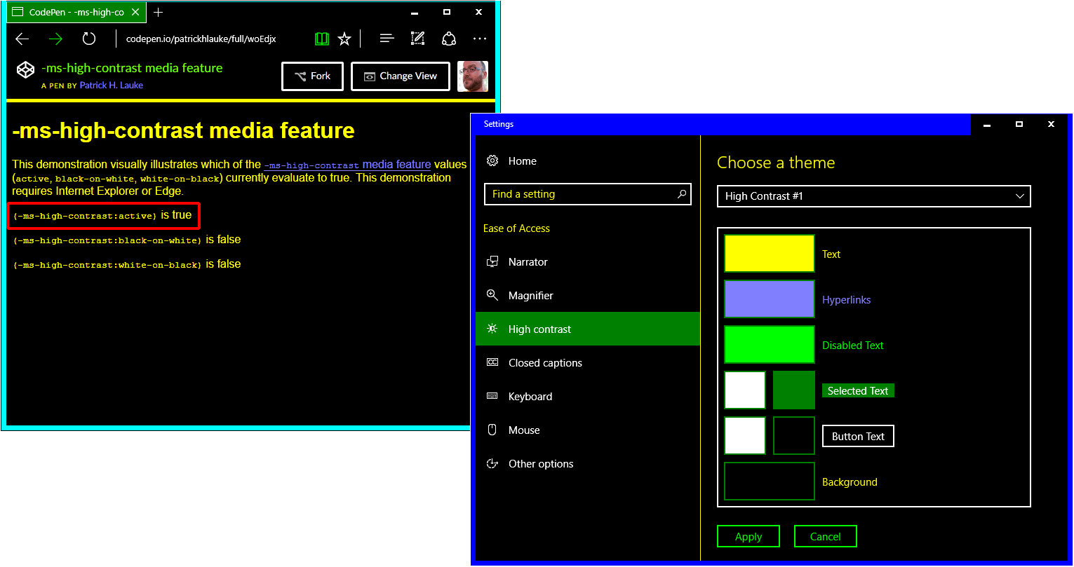 Screenshot of media feature test in Edge in High Contrast #1 mode