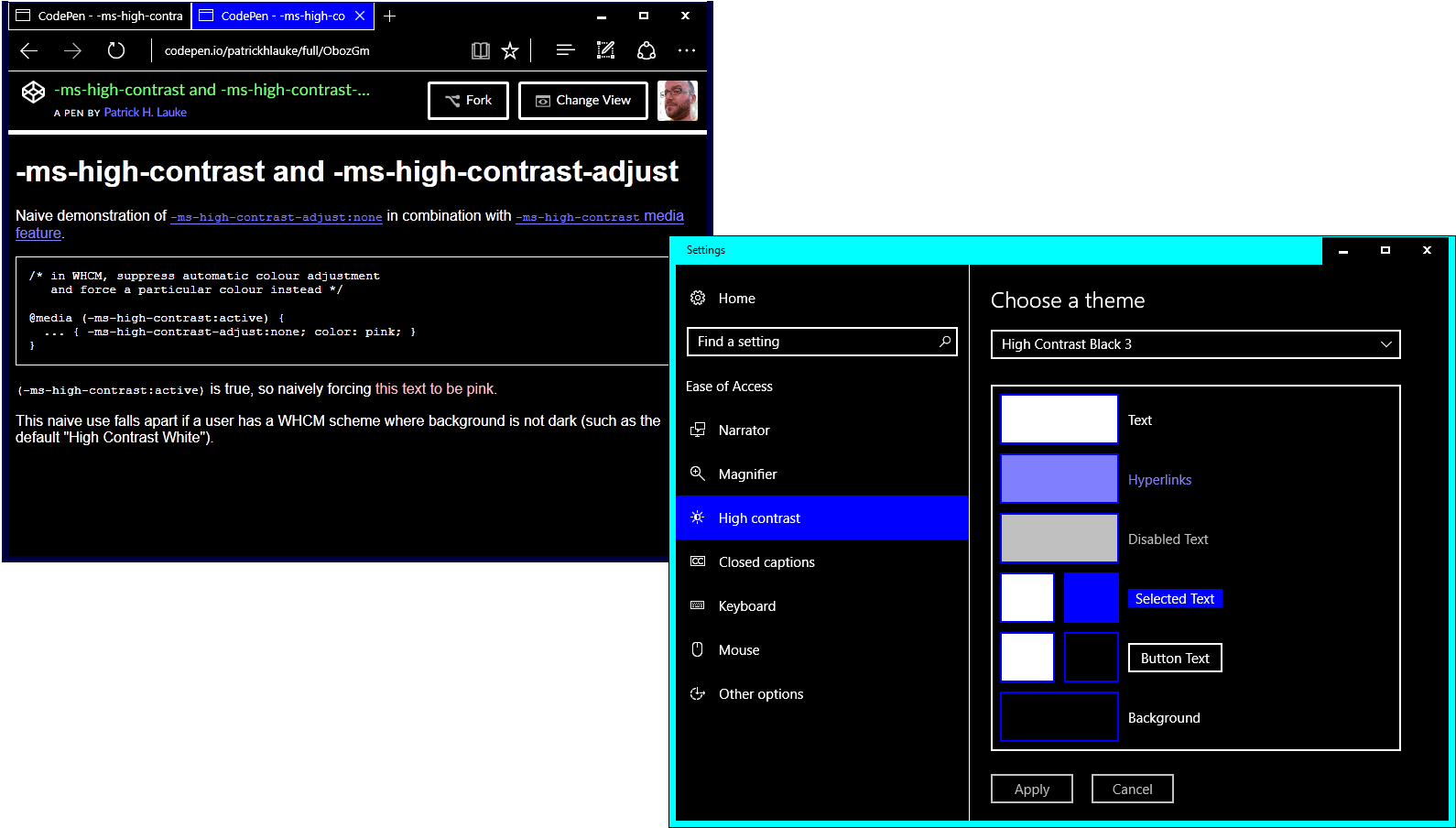 Screenshot of naive -ms-high-contrast-adjust example in Edge in a high contrast theme with a dark background