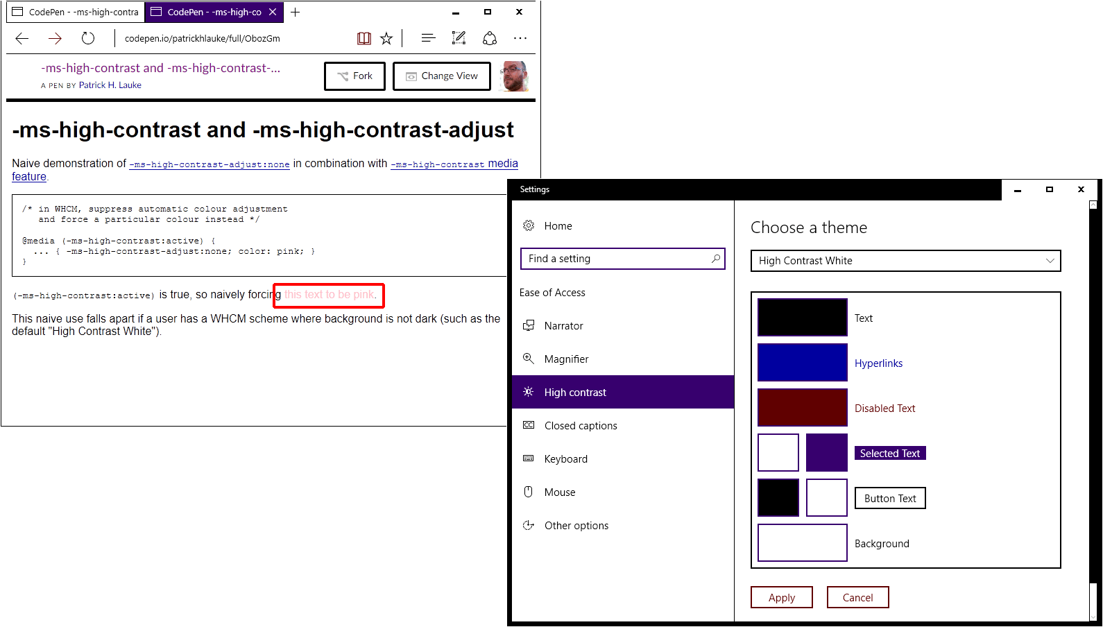 Screenshot of naive -ms-high-contrast-adjust example in Edge in a high contrast theme with a light background