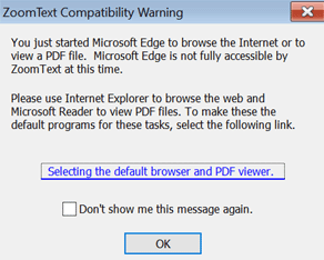 ZoomText Comaptibility Warning dialog