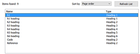 headings listed with name from first word in each heading and type from element type.