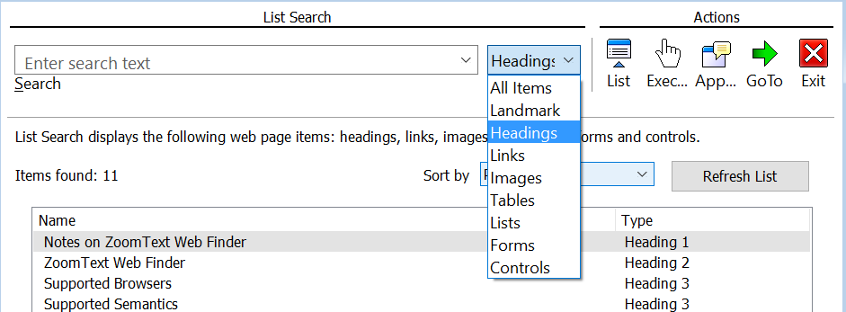 web finder Ui showing filter list and function buttons